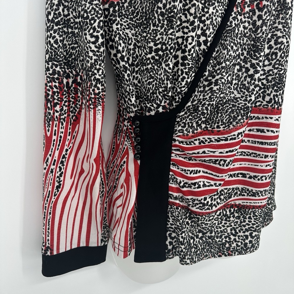 Joseph Ribkoff Women's Sz 8 V-Neck Faux Wrap Top Metallic Threading Animal Print - Picture 3 of 7